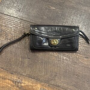 Coach Black Leather Wristlet with Gold Turn Lock